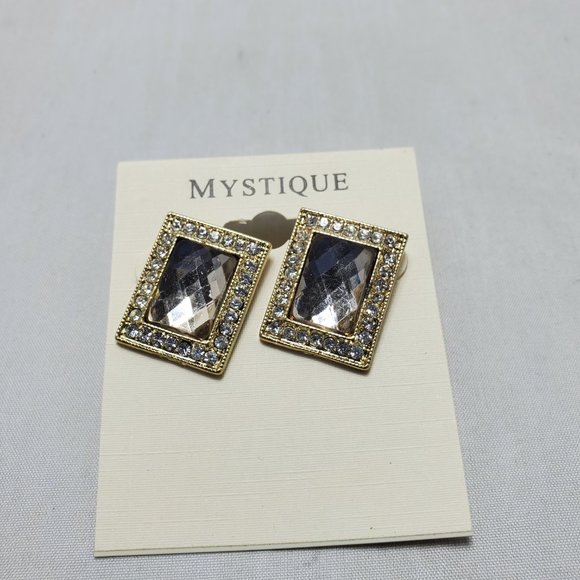 Mystique gold faceted clear stone with rhinestone border earring - Picture 2 of 4